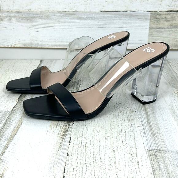 BP Women’s 10 Naomi Black Faux Leather Clear Block Heel Slip-On Sandals NEW - Picture 1 of 8